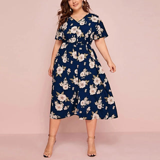Plus Size Floral Print V - Neck Short Sleeve Midi Dress - Hstrends