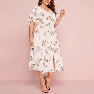 Plus Size Floral Print V - Neck Short Sleeve Midi Dress - Hstrends