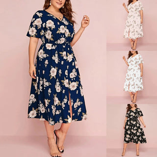 Plus Size Floral Print V - Neck Short Sleeve Midi Dress - Hstrends