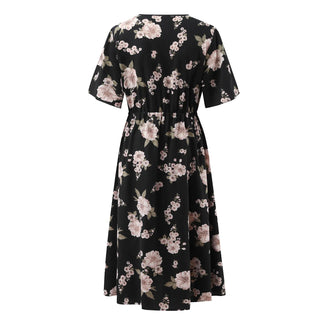 Plus Size Floral Print V - Neck Short Sleeve Midi Dress - Hstrends