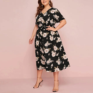 Plus Size Floral Print V - Neck Short Sleeve Midi Dress - Hstrends