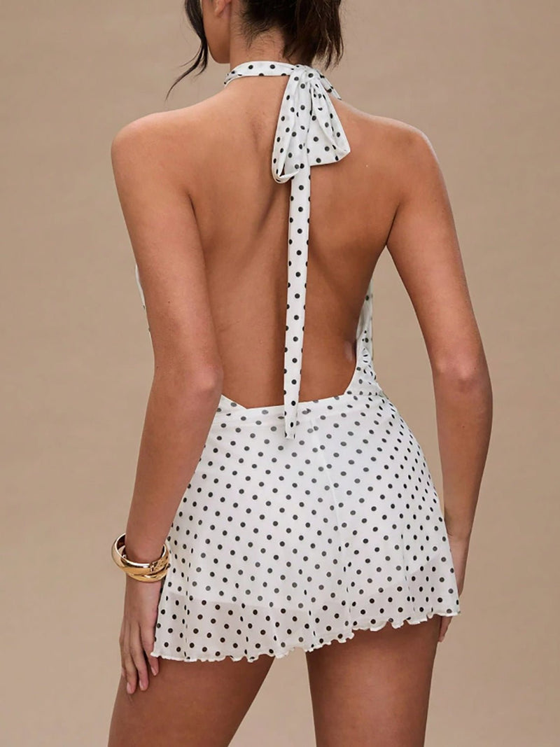 Polka Dot Sleeveless Halter Neck Waist-Cinching mini Dress - Hstrends