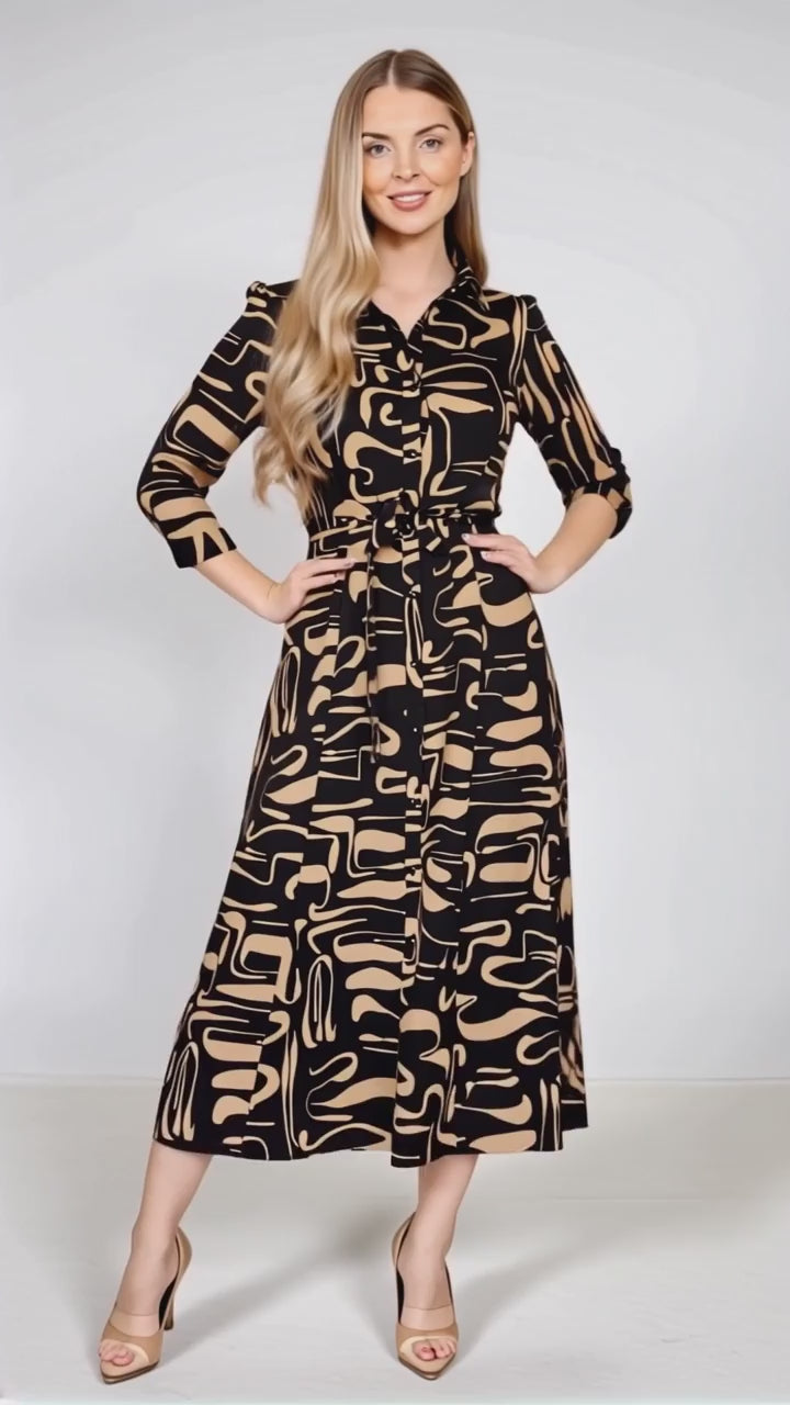 Brown Swril  Tiger Print Print Maxi Shirt Dress