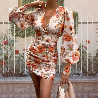 Printed Deep V Pleated A - line Dress for Women - Hstrends