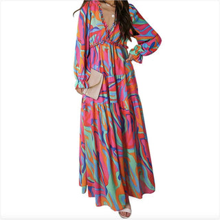 Printed Long Sleeve Dress Women's V - neck Loose - Hstrends