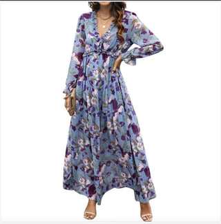 Printed Long Sleeve Dress Women's V - neck Loose - Hstrends