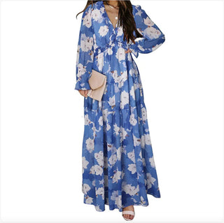 Printed Long Sleeve Dress Women's V - neck Loose - Hstrends