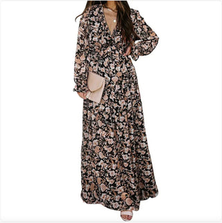 Printed Long Sleeve Dress Women's V - neck Loose - Hstrends