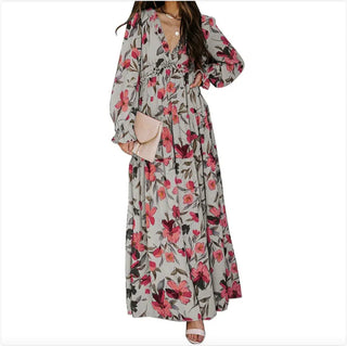 Printed Long Sleeve Dress Women's V - neck Loose - Hstrends