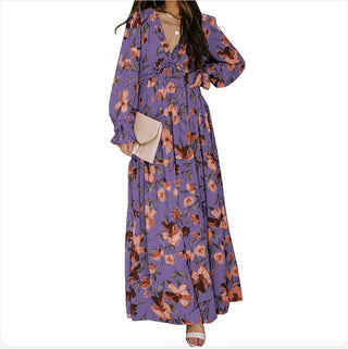 Printed Long Sleeve Dress Women's V - neck Loose - Hstrends