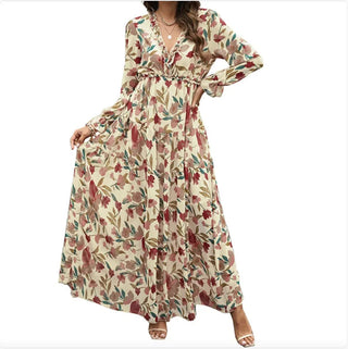Printed Long Sleeve Dress Women's V - neck Loose - Hstrends