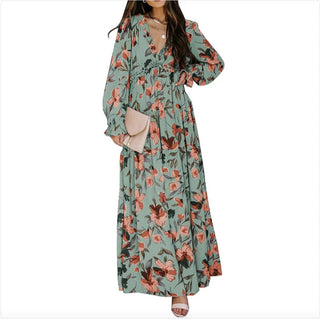 Printed Long Sleeve Dress Women's V - neck Loose - Hstrends