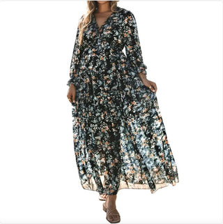 Printed Long Sleeve Dress Women's V - neck Loose - Hstrends