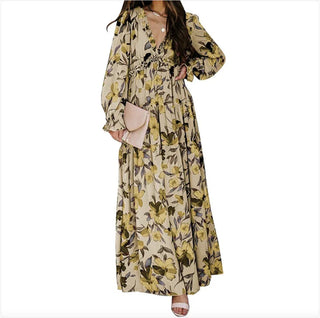 Printed Long Sleeve Dress Women's V - neck Loose - Hstrends
