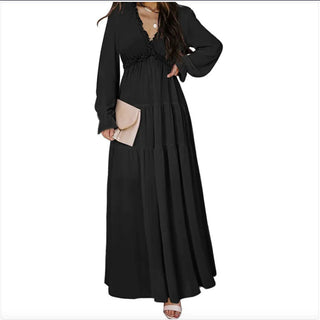 Printed Long Sleeve Dress Women's V - neck Loose - Hstrends