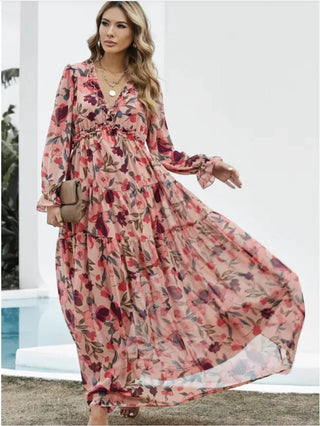 Printed Long Sleeve Dress Women's V - neck Loose - Hstrends