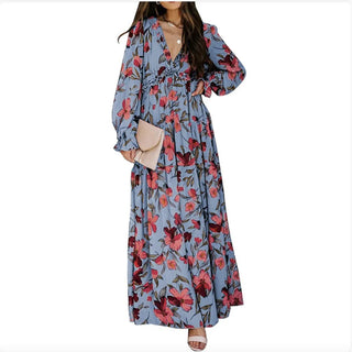 Printed Long Sleeve Dress Women's V - neck Loose - Hstrends