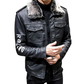 PU Leather Jacket with Shearling Collar - Hstrends