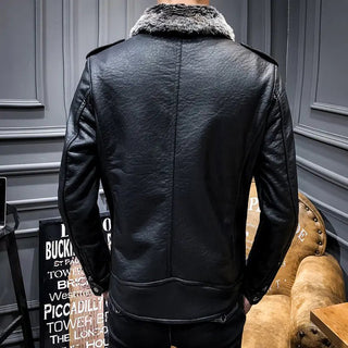 PU Leather Jacket with Shearling Collar - Hstrends