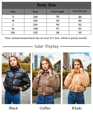 Women Leather Stand Collar Short Warm Bread Cotton-padded Coat