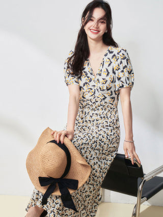 Puff - Sleeved Lily - Of - The - Valley V - Neck Waist - Cinching Midi Dress - Hstrends