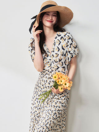 Puff - Sleeved Lily - Of - The - Valley V - Neck Waist - Cinching Midi Dress - Hstrends