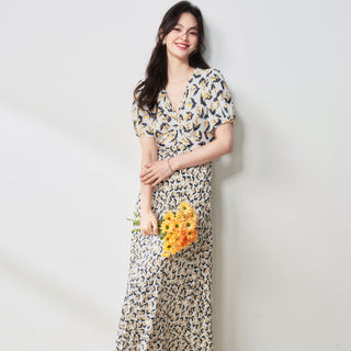 Puff - Sleeved Lily - Of - The - Valley V - Neck Waist - Cinching Midi Dress - Hstrends