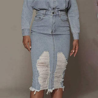 Retro Blue Denim Mid - Length Skirt - Hstrends