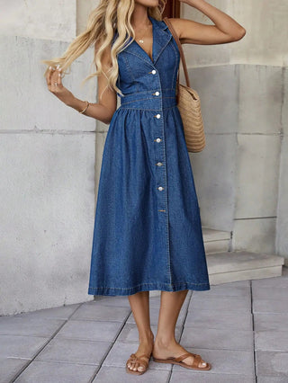 Retro Harbour Style V - neck Sleeveless Denim Dress with High Waist - Hstrends
