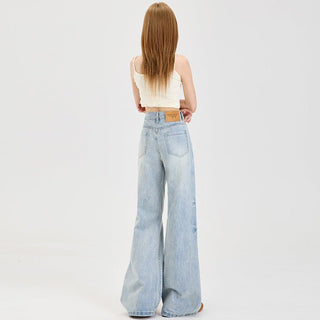 Retro Loose Flared Pants With Drape, Floor - Length Light Blue Long denim jean - Hstrends
