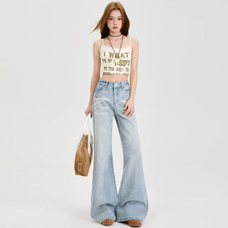 Retro Loose Flared Pants With Drape, Floor - Length Light Blue Long denim jean - Hstrends