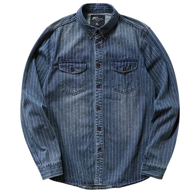 Retro Striped Denim Shirt - Long Sleeve Casual Coat - Hstrends