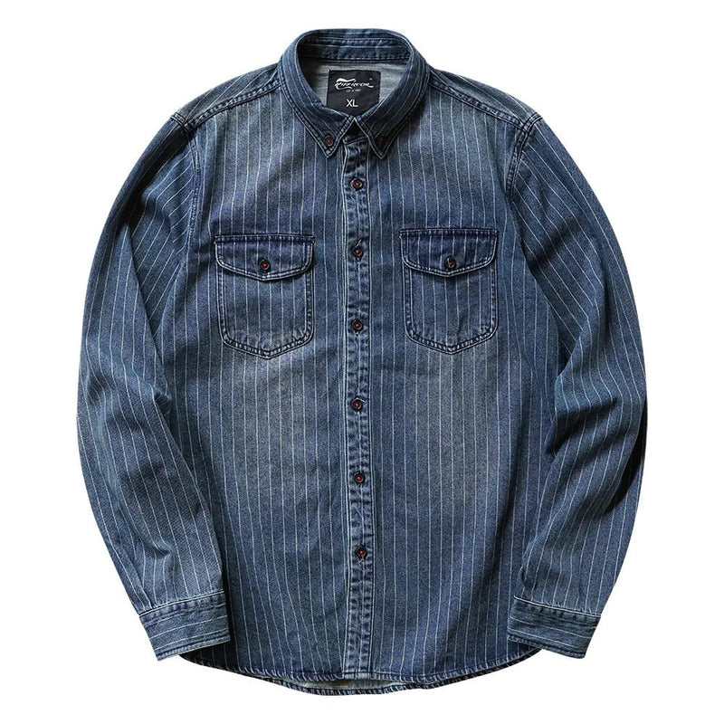 Retro Striped Denim Shirt - Long Sleeve Casual Coat - Hstrends