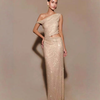 Rhinestone Diamante Off - Shoulder Hollow - Out Maxi Dress - Hstrends