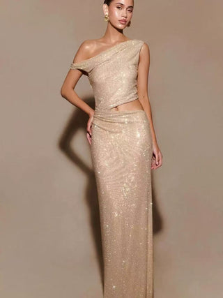 Rhinestone Diamante Off - Shoulder Hollow - Out Maxi Dress - Hstrends
