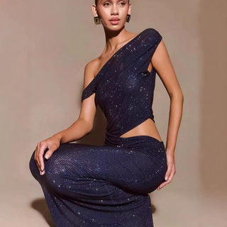 Rhinestone Diamante Off - Shoulder Hollow - Out Maxi Dress - Hstrends