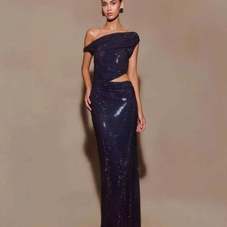 Rhinestone Diamante Off - Shoulder Hollow - Out Maxi Dress - Hstrends