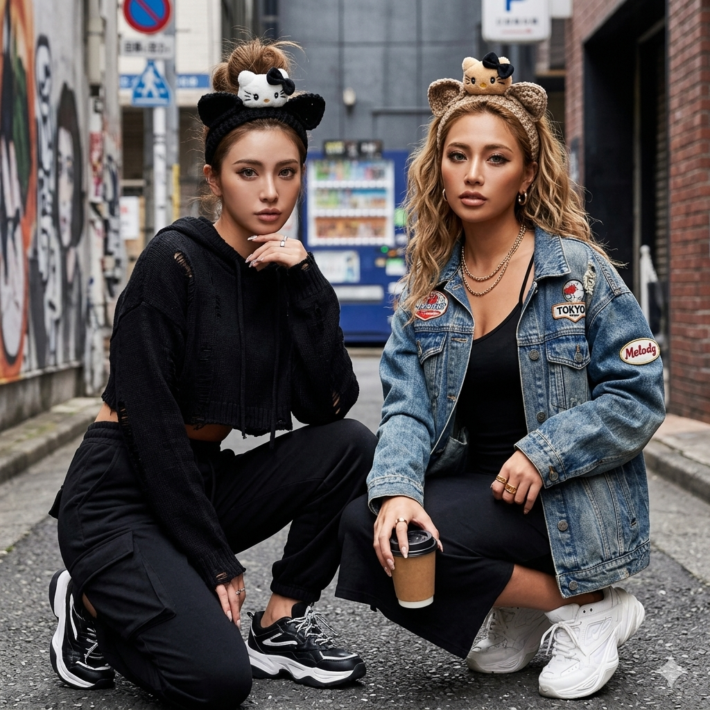 Two women posing on a street with animal-themed headbands, wearing black and denim outfits.