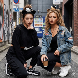 Two women posing on a street with animal-themed headbands, wearing black and denim outfits.