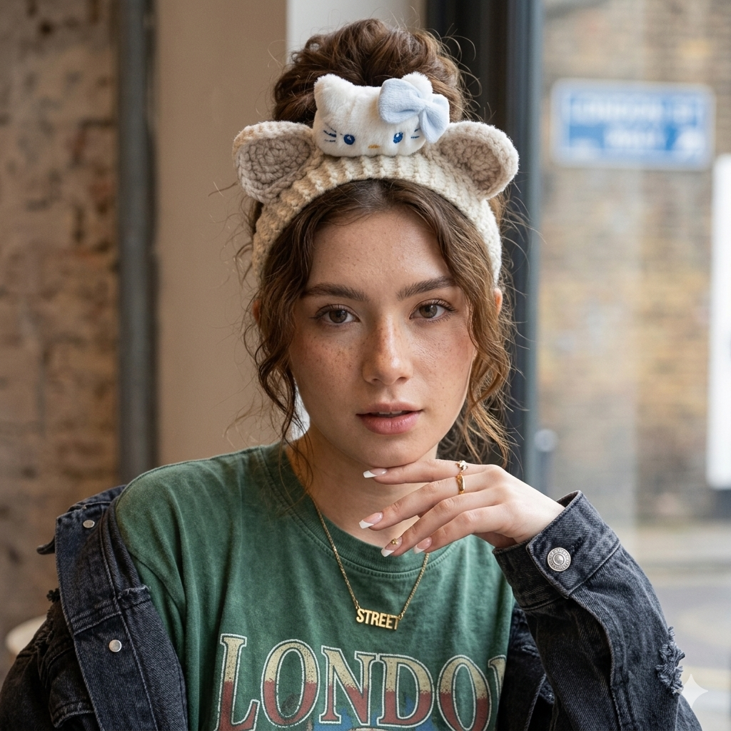 Woman wearing a headband with cat ears and a bow, standing outdoors.