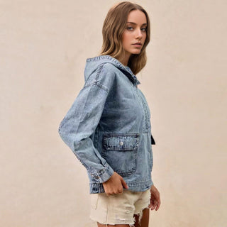 Round Neck Hoodie style Long - Sleeved Casual Denim Jacket - Hstrends