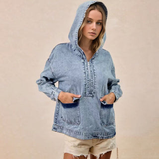 Round Neck Hoodie style Long - Sleeved Casual Denim Jacket - Hstrends