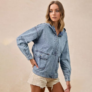 Round Neck Hoodie style Long - Sleeved Casual Denim Jacket - Hstrends