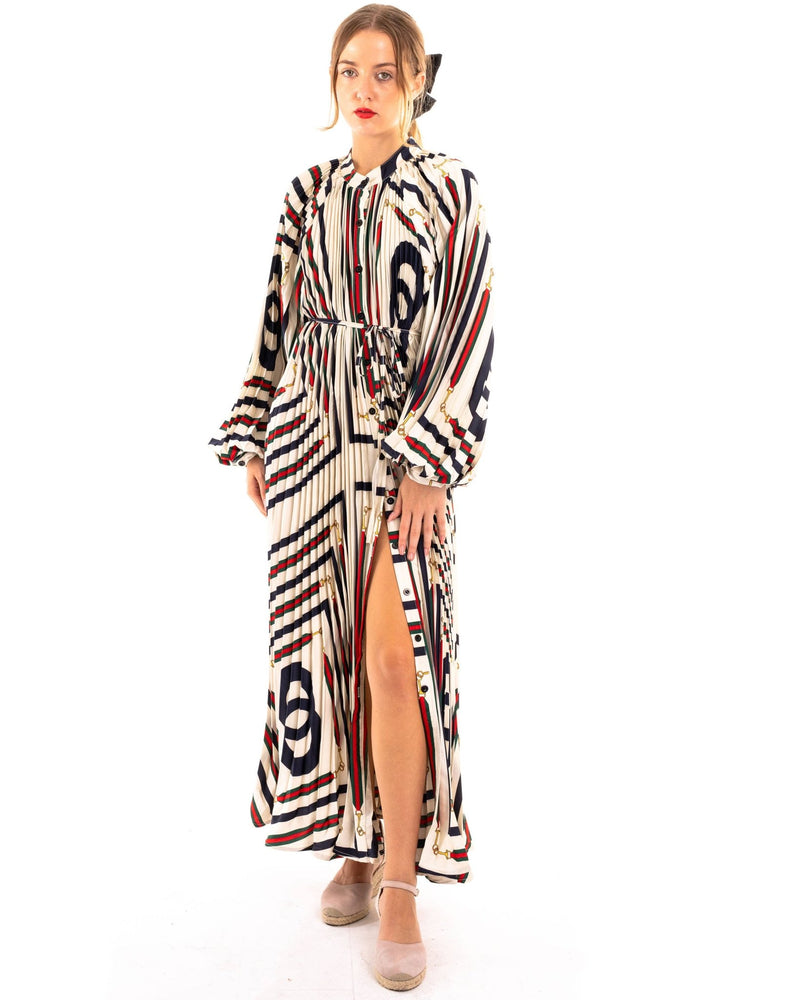 Scarf print Full pleated long Shirt dress - Hstrends