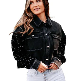 Sequined Short Denim Jacket - Hstrends
