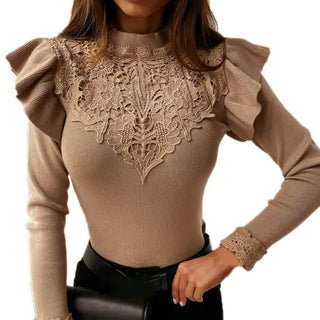 Long Sleeve Ruffle Lace Blouse - Hstrends