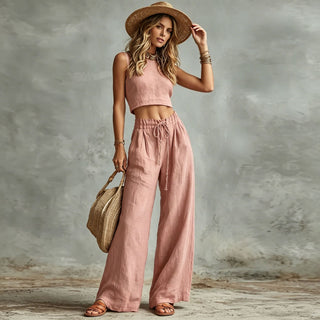 Short Linen Vest + Drawstring High-waisted Wide-leg Linen Pants Two-piece Set - Hstrends