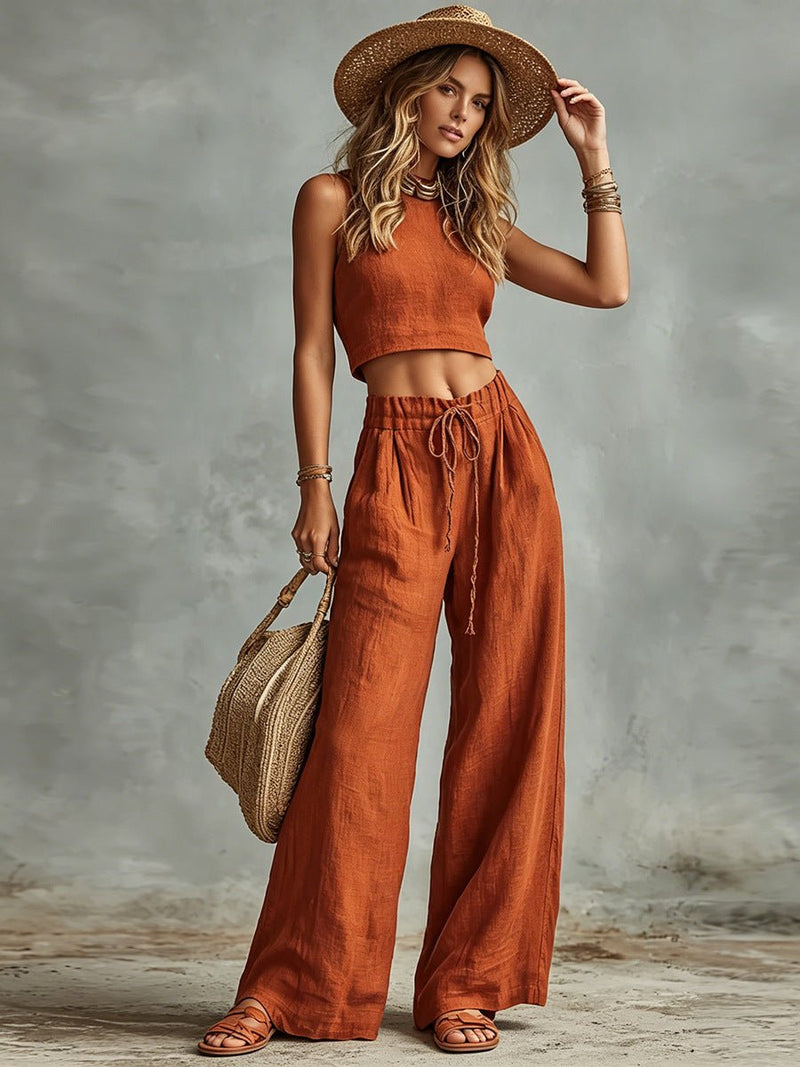 Short Linen Vest + Drawstring High-waisted Wide-leg Linen Pants Two-piece Set - Hstrends
