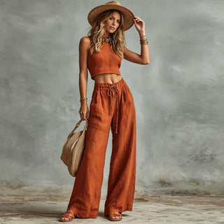 Short Linen Vest + Drawstring High-waisted Wide-leg Linen Pants Two-piece Set - Hstrends