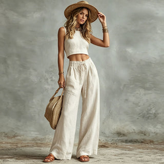Short Linen Vest + Drawstring High-waisted Wide-leg Linen Pants Two-piece Set - Hstrends